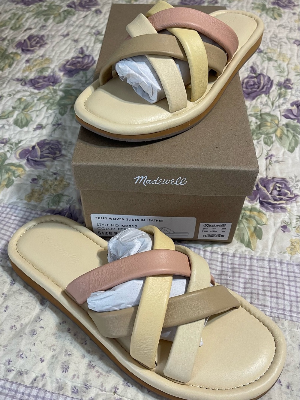 Madewell Women's Puffy Woven Leather Slide Sandals in Cream, Tan & Blush  (NWT)